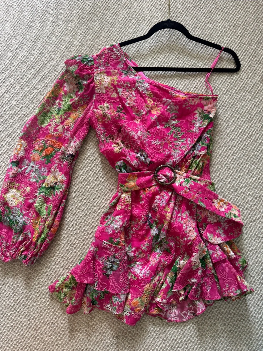 HEMANT & NANDITA Pink Floral One-Shoulder Asymmetrical Dress